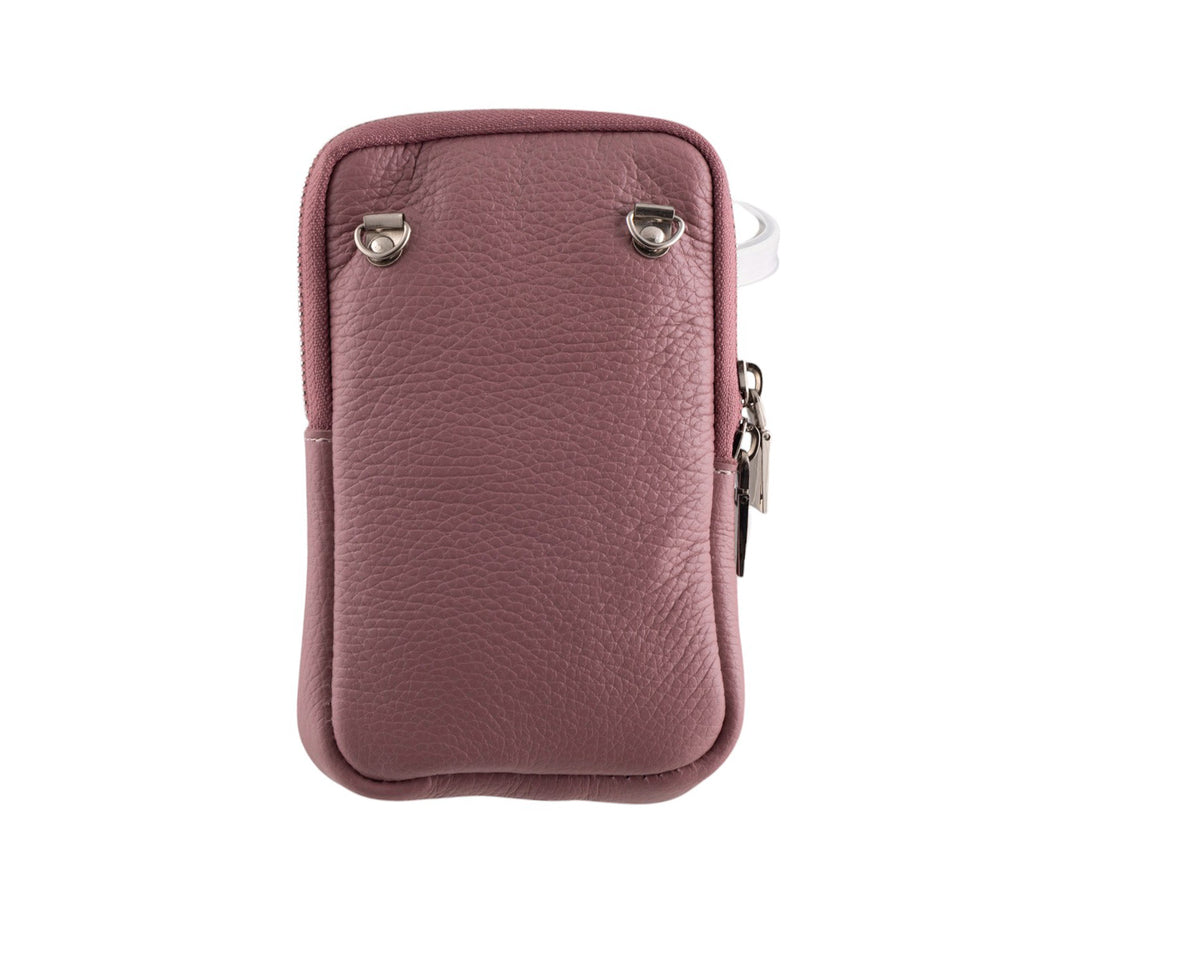 Borsa portacellulare donna in vera pelle con tracolla regolabile e chiusura zip