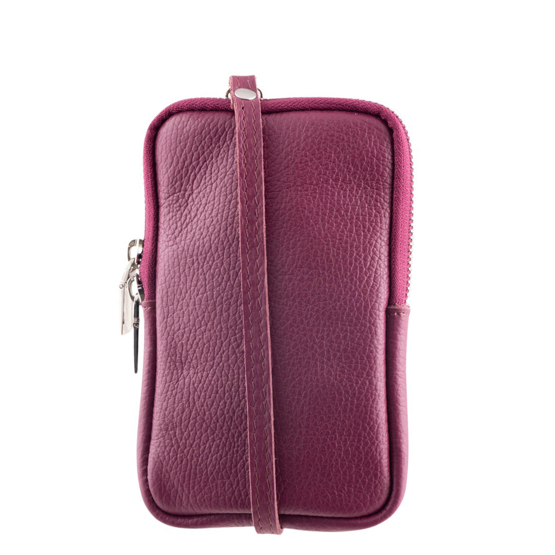 Borsa portacellulare donna in vera pelle con tracolla regolabile e chiusura zip