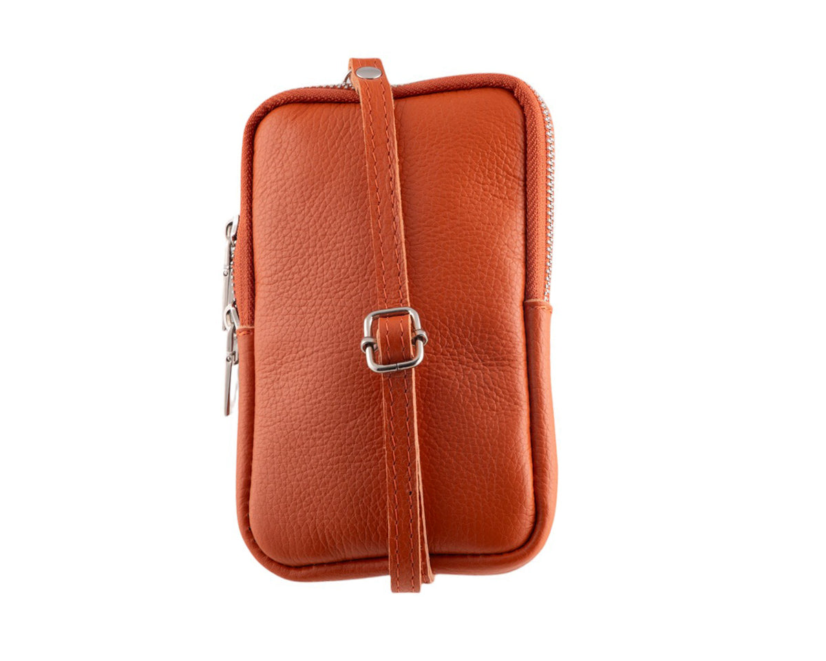 Borsa portacellulare donna in vera pelle con tracolla regolabile e chiusura zip