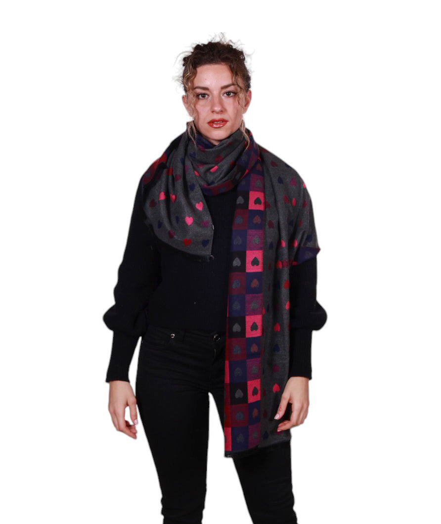 Sciarpa donna fantasia cuori, in misto lana Made in Italy