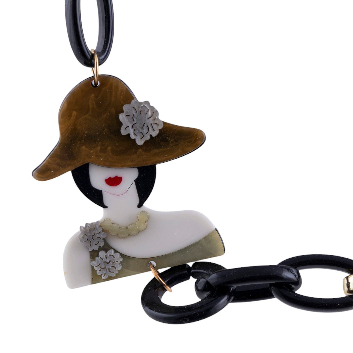 Moronero collana catena nera, dorata con aggiunta di busto di donna con cappello
