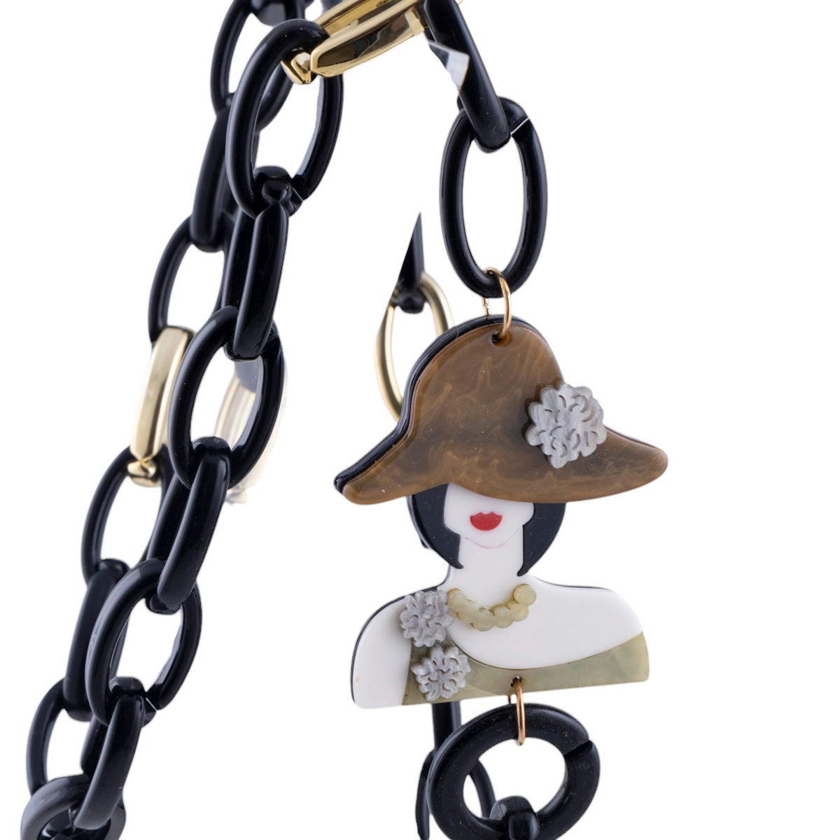 Moronero collana catena nera, dorata con aggiunta di busto di donna con cappello
