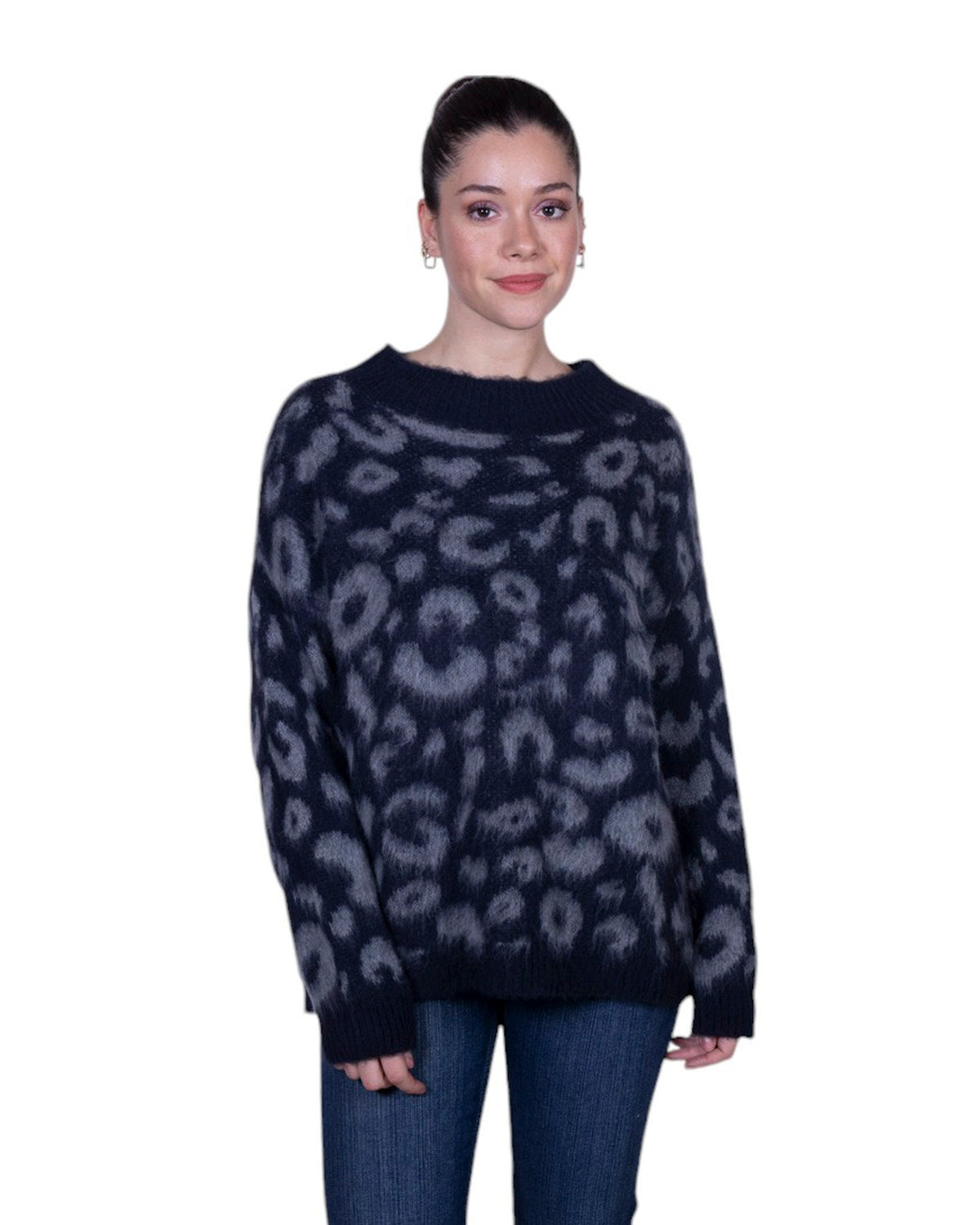 Maglia donna in misto lana con fantasia leopardata e vestibilità morbida