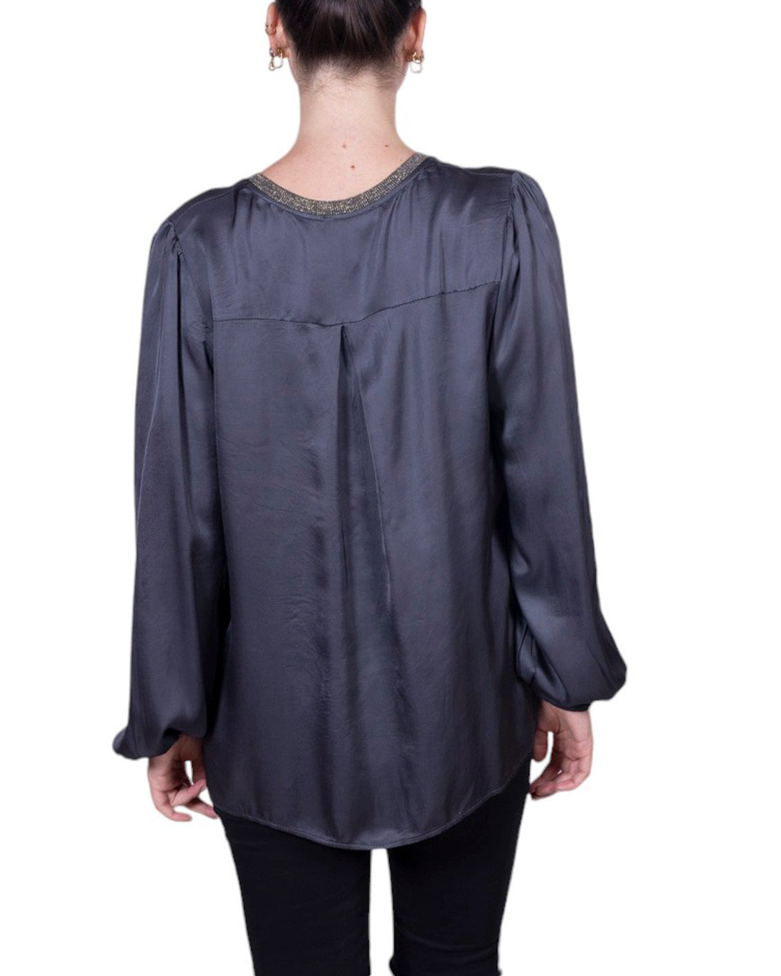 Blusa donna in viscosa con scollo a V profilato lamé e maniche morbide
