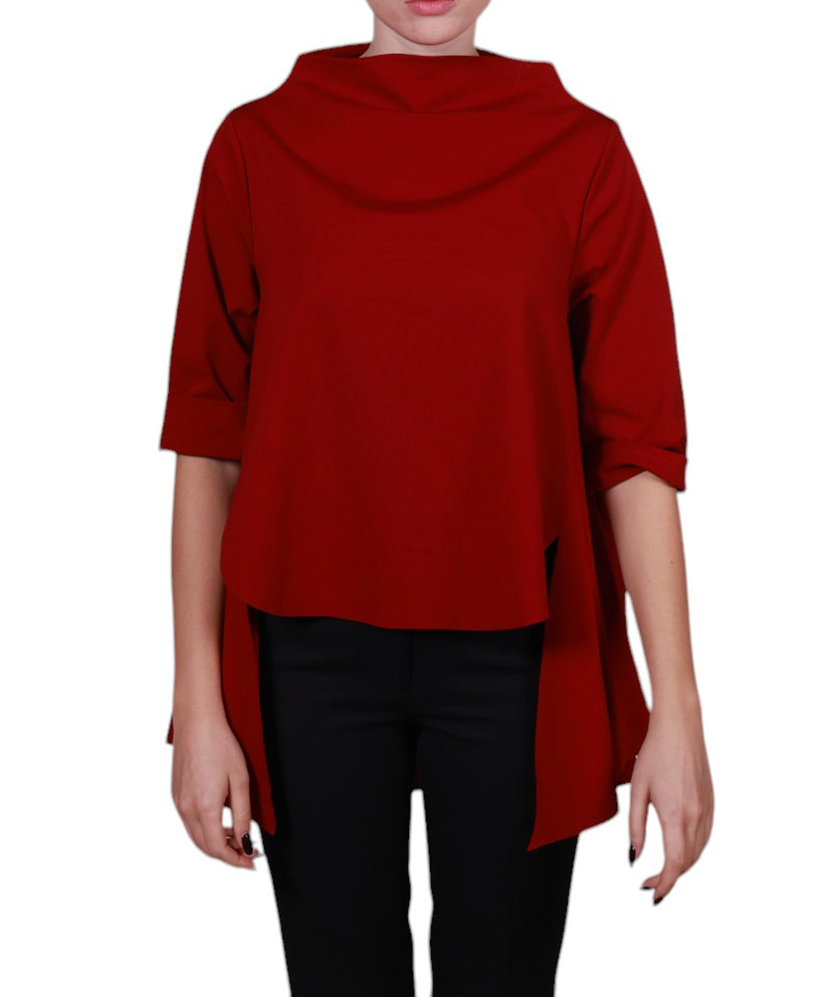 Blusa donna asimmetrica, maniche 3/4, scollo a barca punto Milano Made in Italy