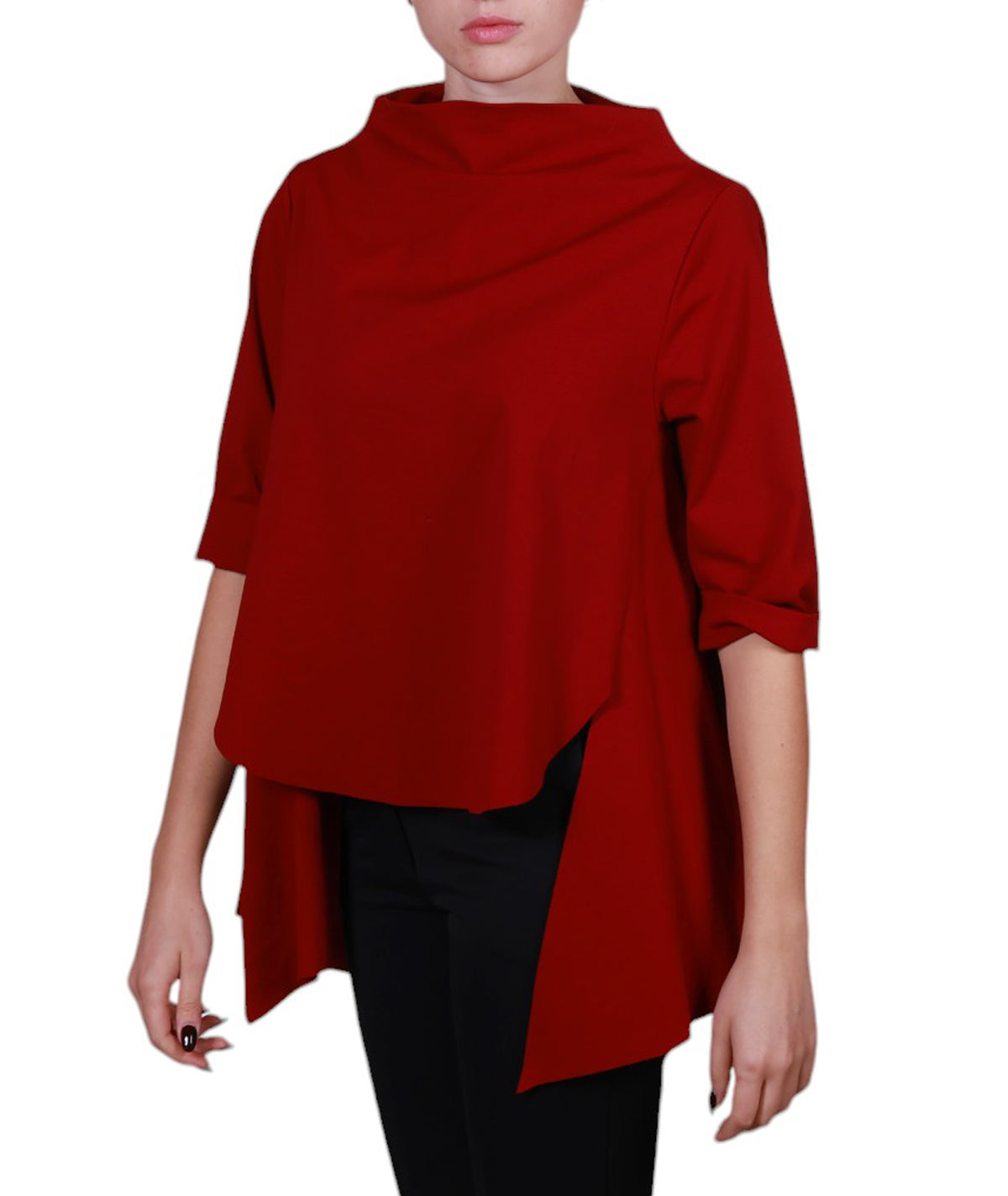 Blusa donna asimmetrica, maniche 3/4, scollo a barca punto Milano Made in Italy