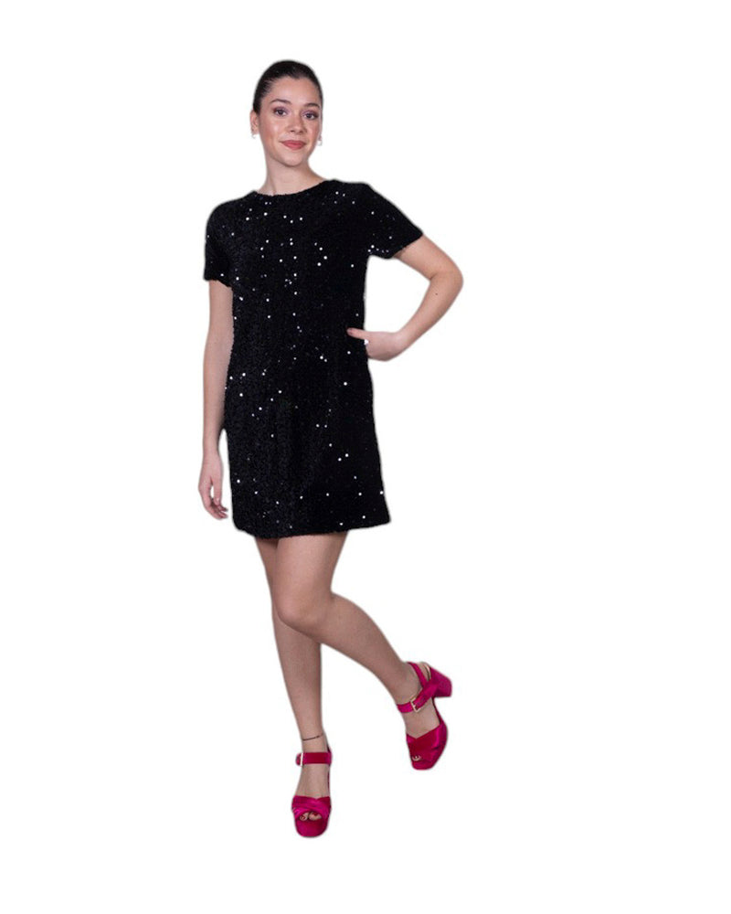 Abito donna corto con paillettes all-over maniche corte, taglio dritto elegante