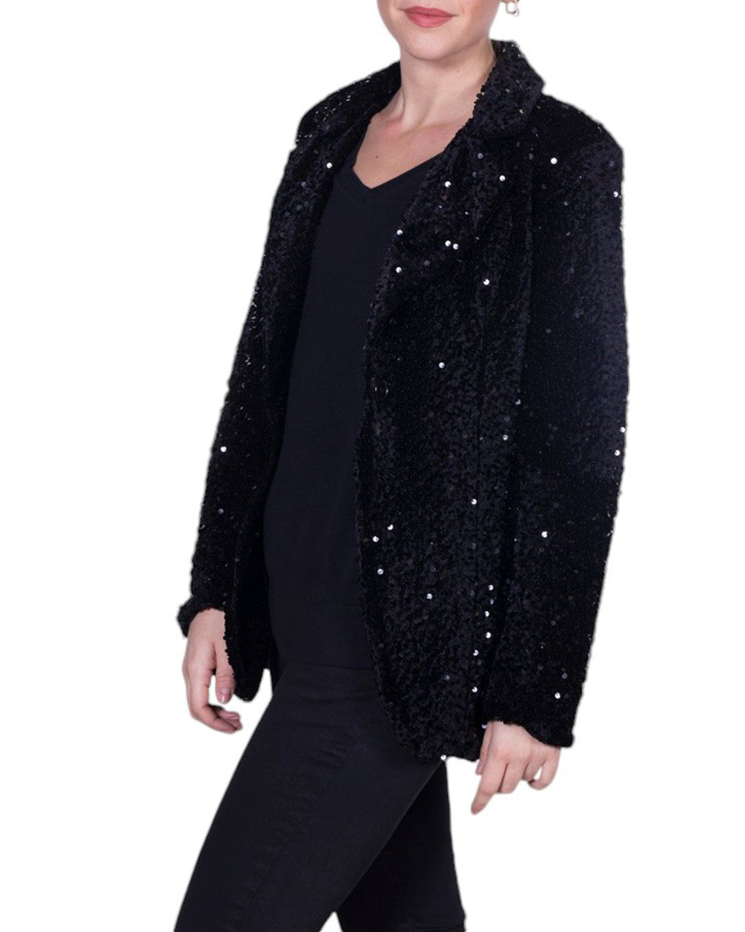 Giacca donna con paillettes all-over, revers classico e chiusura frontale