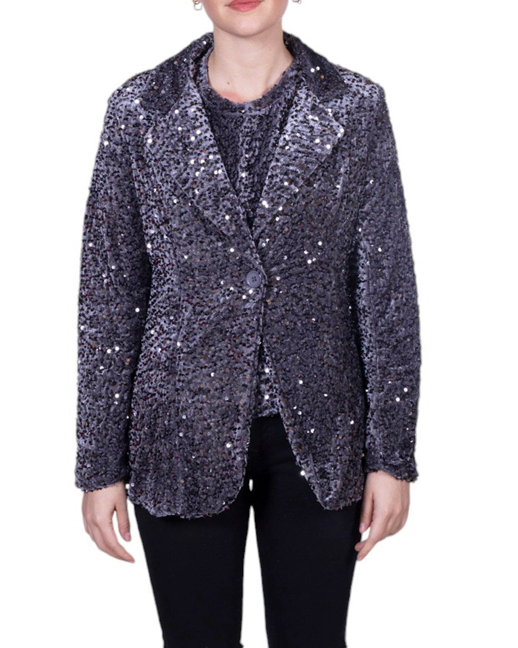 Giacca donna con paillettes all-over, revers classico e chiusura frontale
