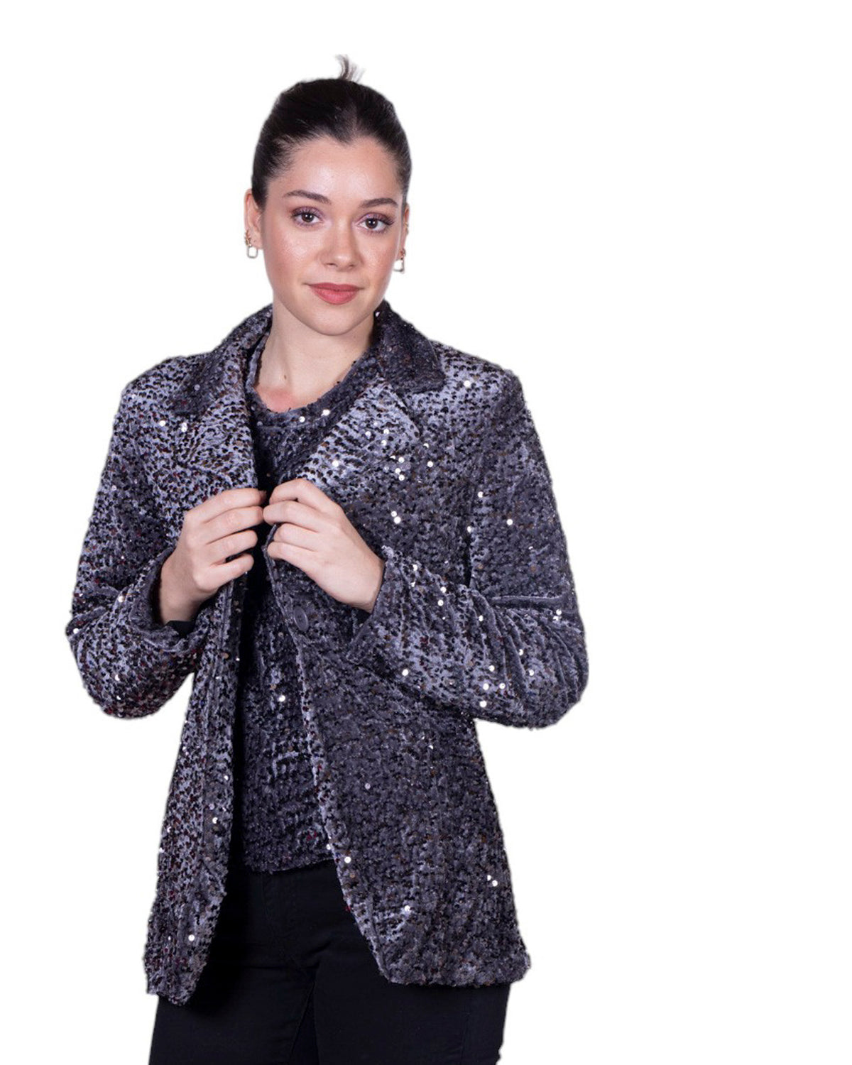Giacca donna con paillettes all-over, revers classico e chiusura frontale