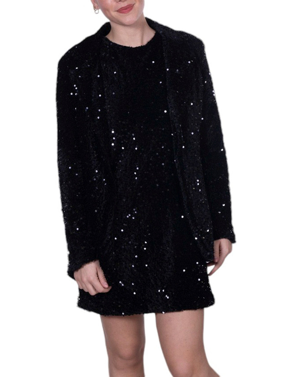 Giacca donna con paillettes all-over, revers classico e chiusura frontale