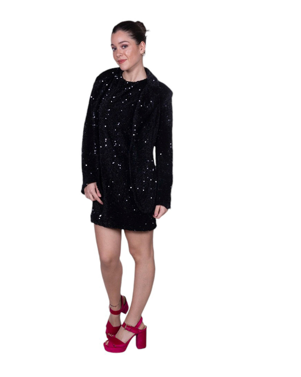 Giacca donna con paillettes all-over, revers classico e chiusura frontale