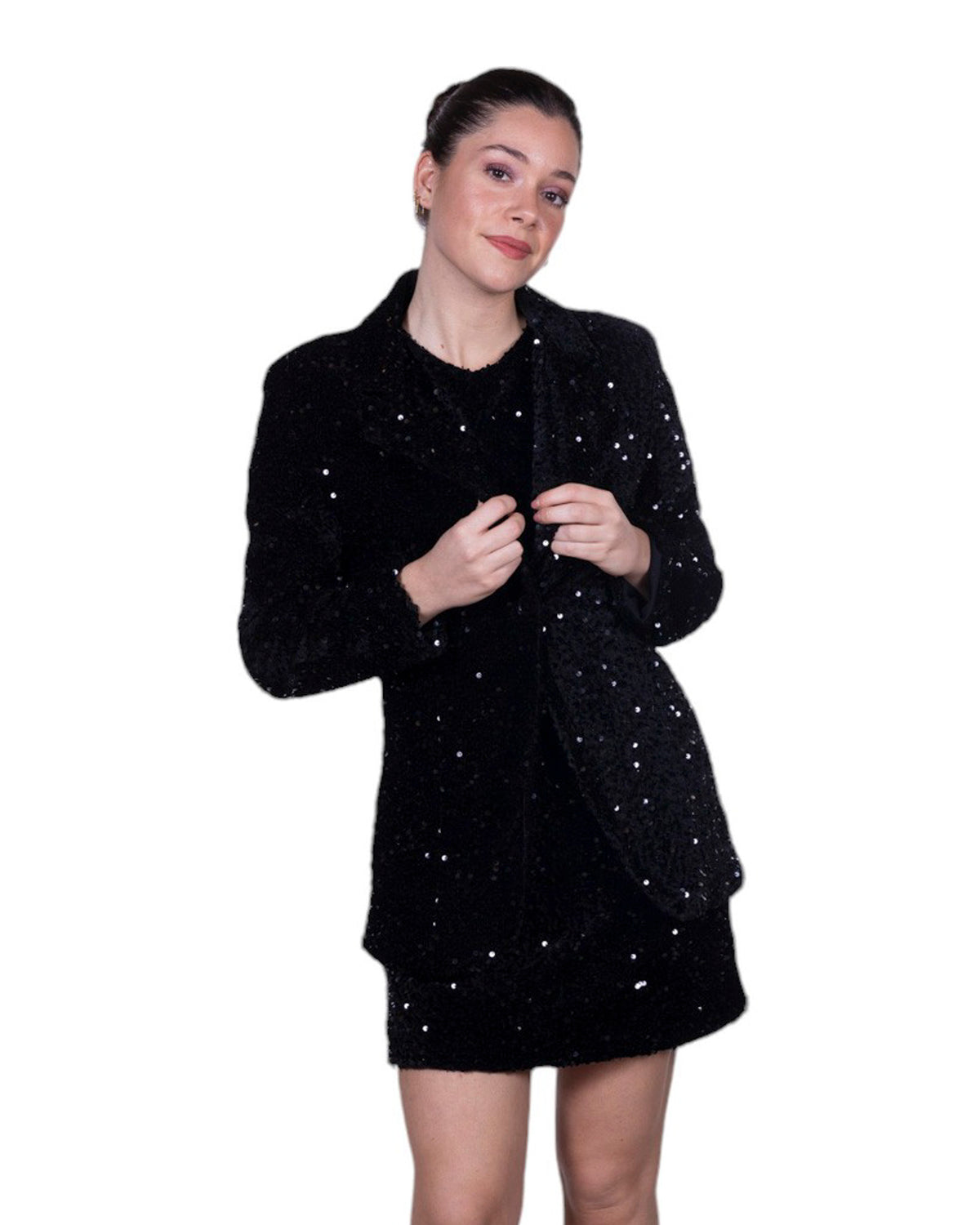 Giacca donna con paillettes all-over, revers classico e chiusura frontale