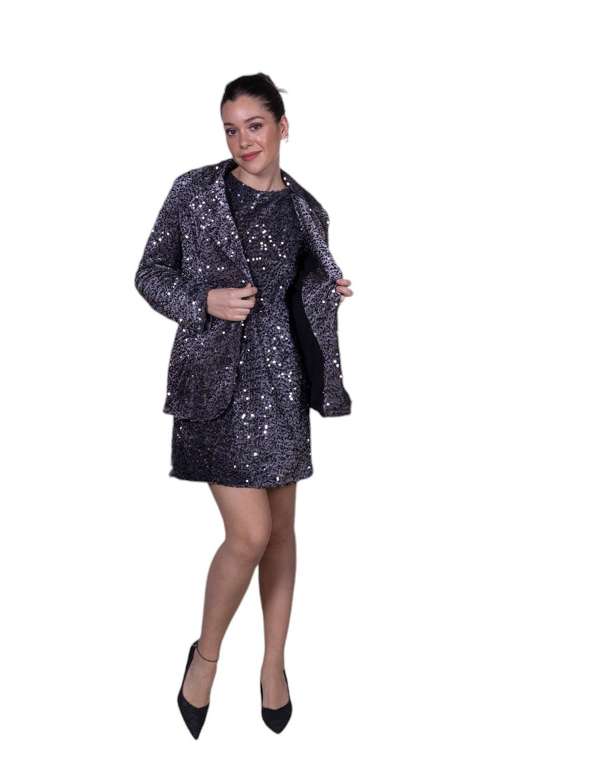 Giacca donna con paillettes all-over, revers classico e chiusura frontale