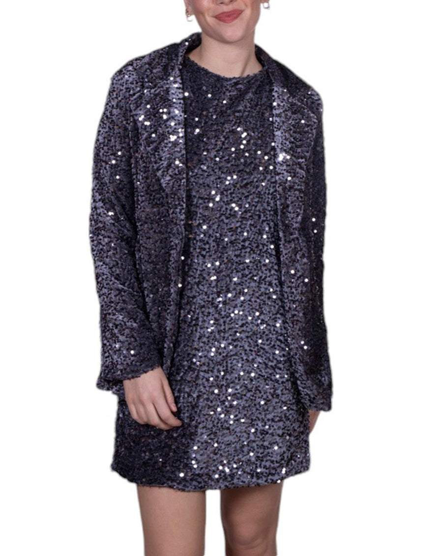 Giacca donna con paillettes all-over, revers classico e chiusura frontale