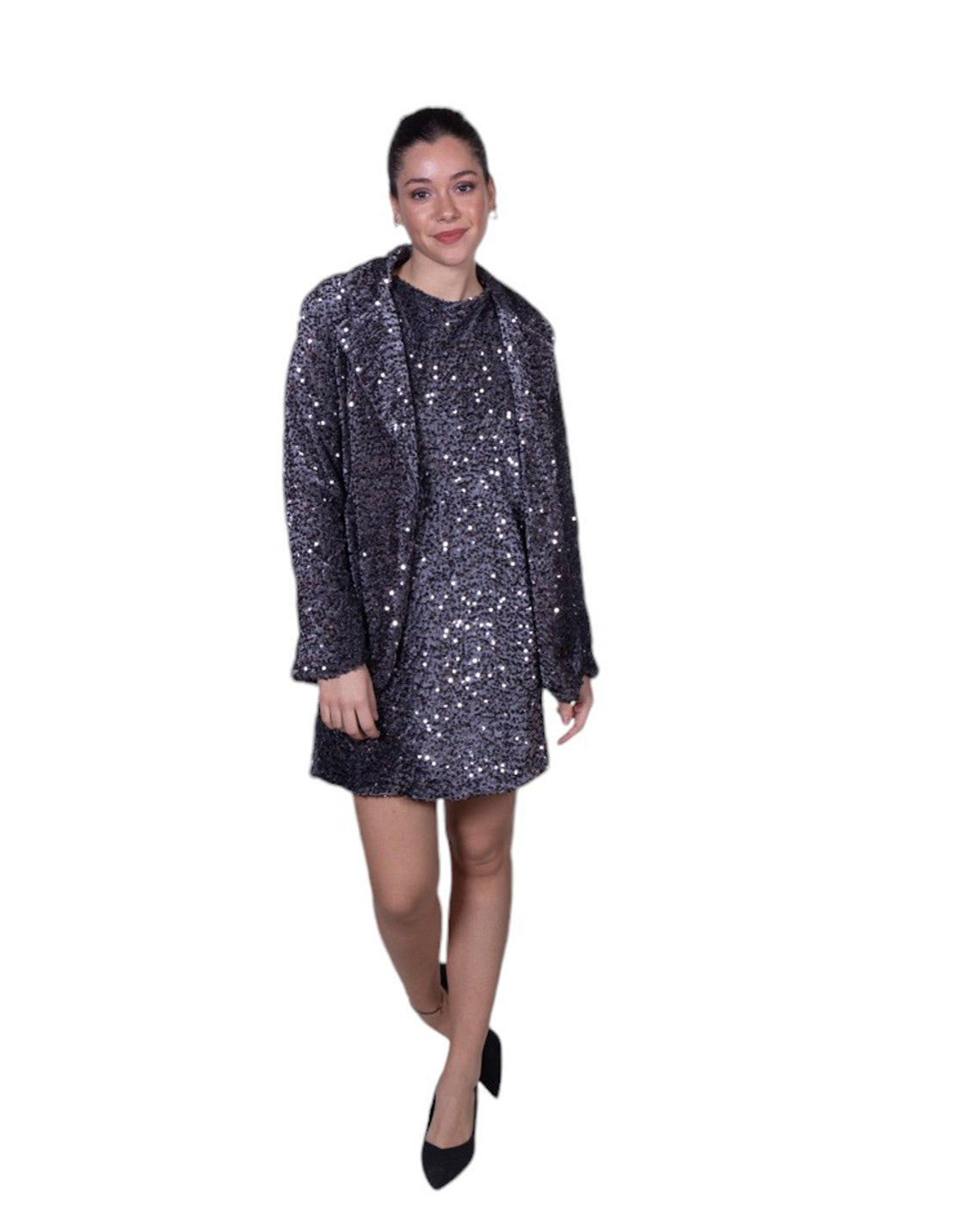Giacca donna con paillettes all-over, revers classico e chiusura frontale