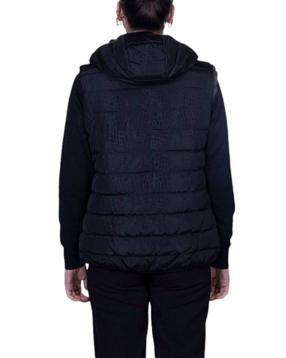 Giubbino smanicato Amy Reverse trapuntato con cappuccio e chiusura zip