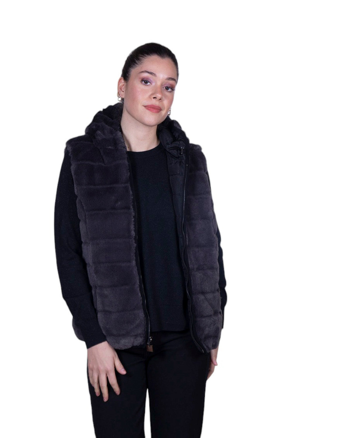 Giubbino smanicato Amy Reverse trapuntato con cappuccio e chiusura zip