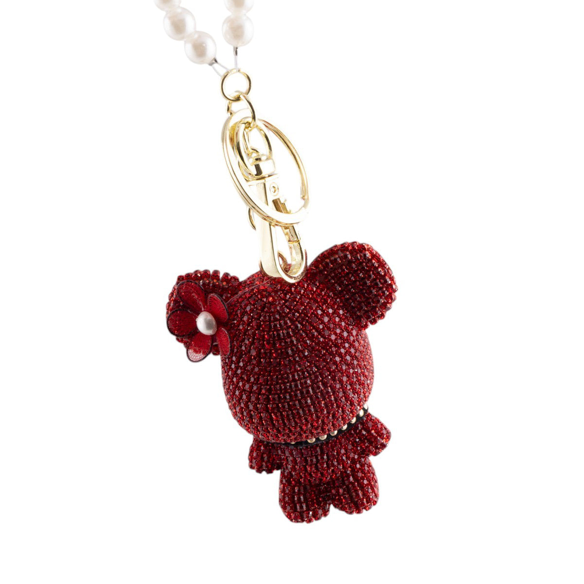 Portachiavi orsetto decorato con strass e catenella di perle con gancio dorato