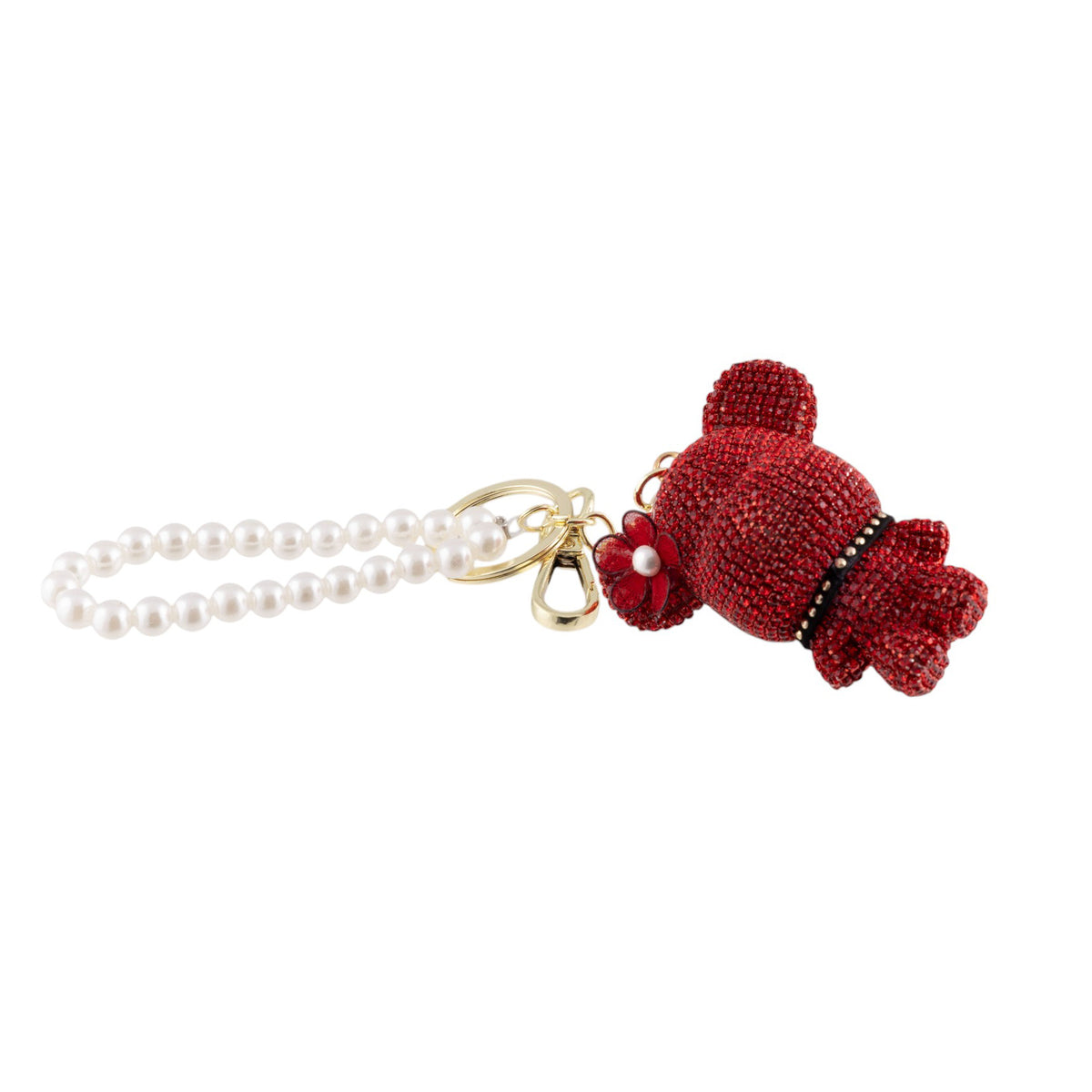 Portachiavi orsetto decorato con strass e catenella di perle con gancio dorato