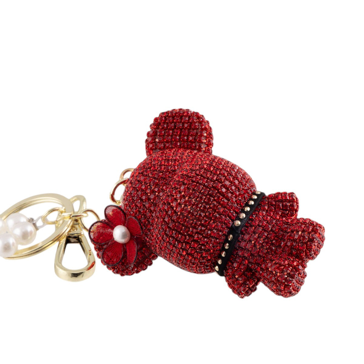 Portachiavi orsetto decorato con strass e catenella di perle con gancio dorato