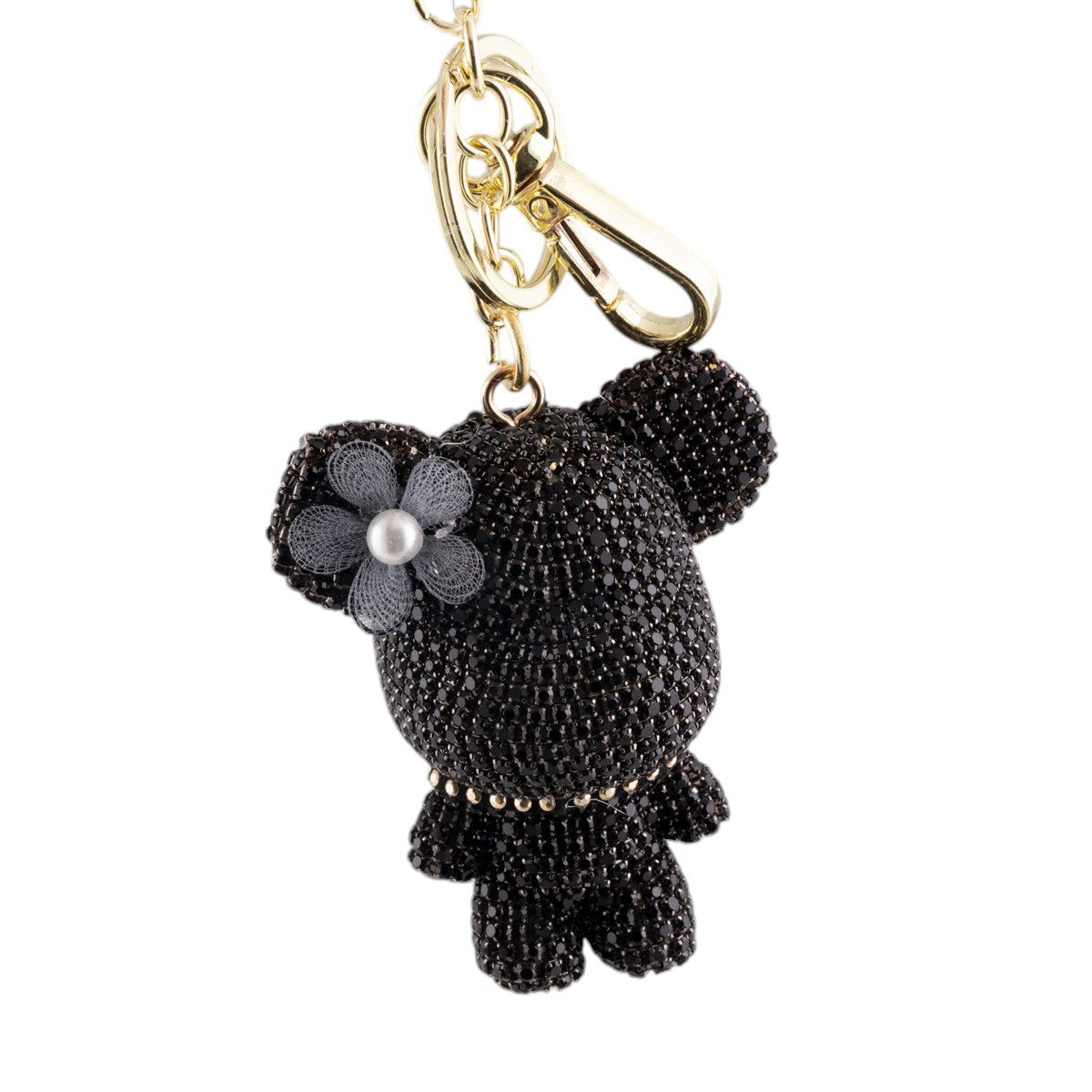 Portachiavi orsetto decorato con strass e catenella di perle con gancio dorato