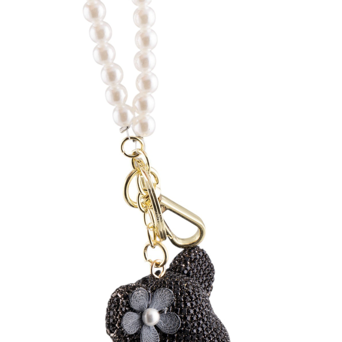 Portachiavi orsetto decorato con strass e catenella di perle con gancio dorato