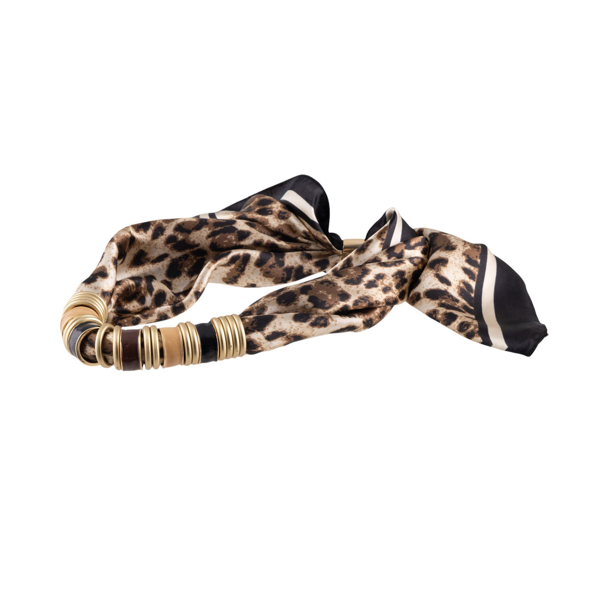 Collana foulard fantasia animalier con anelli metallici dorati effetto gioiello