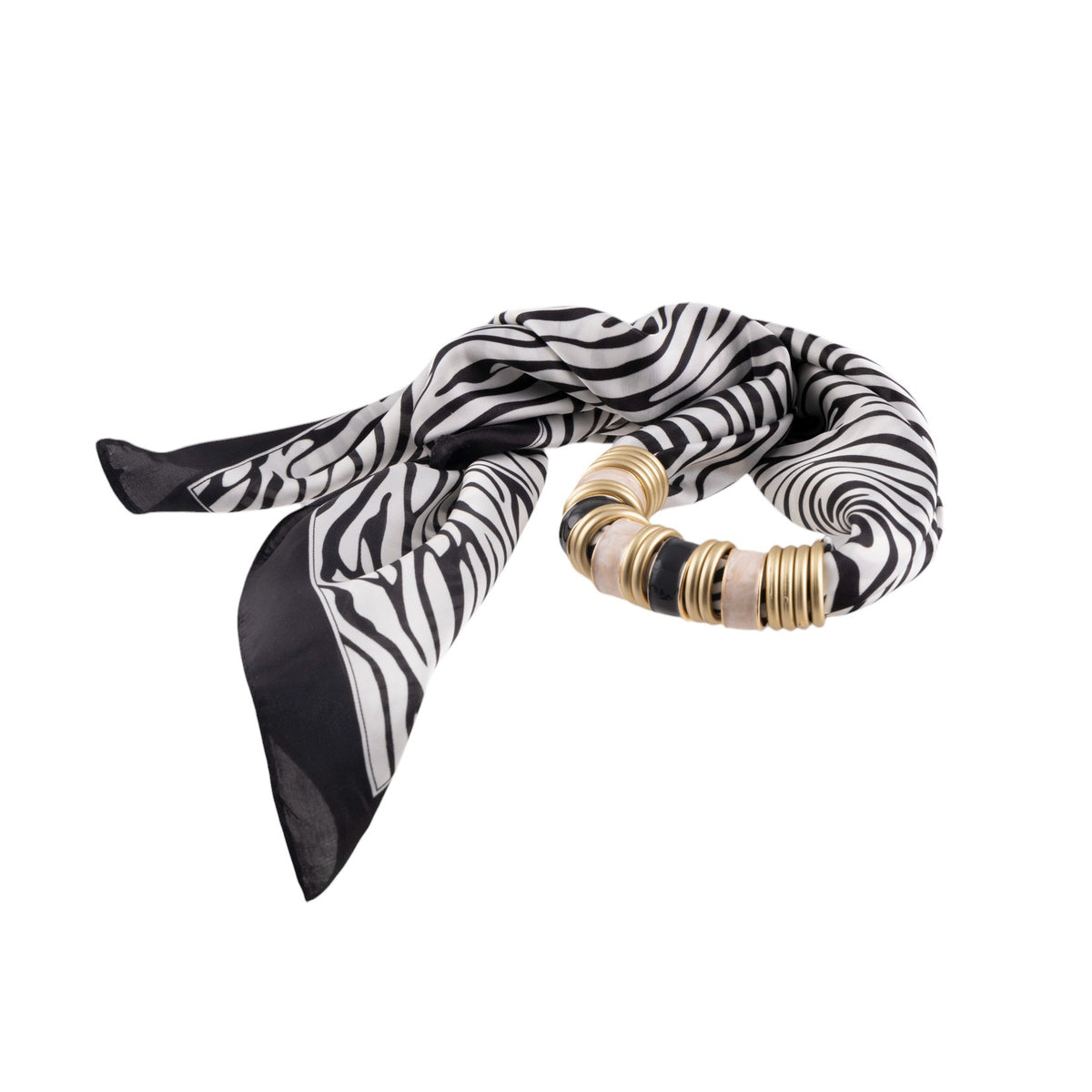 Collana foulard fantasia zebrata con anelli decorativi dorati effetto bijoux