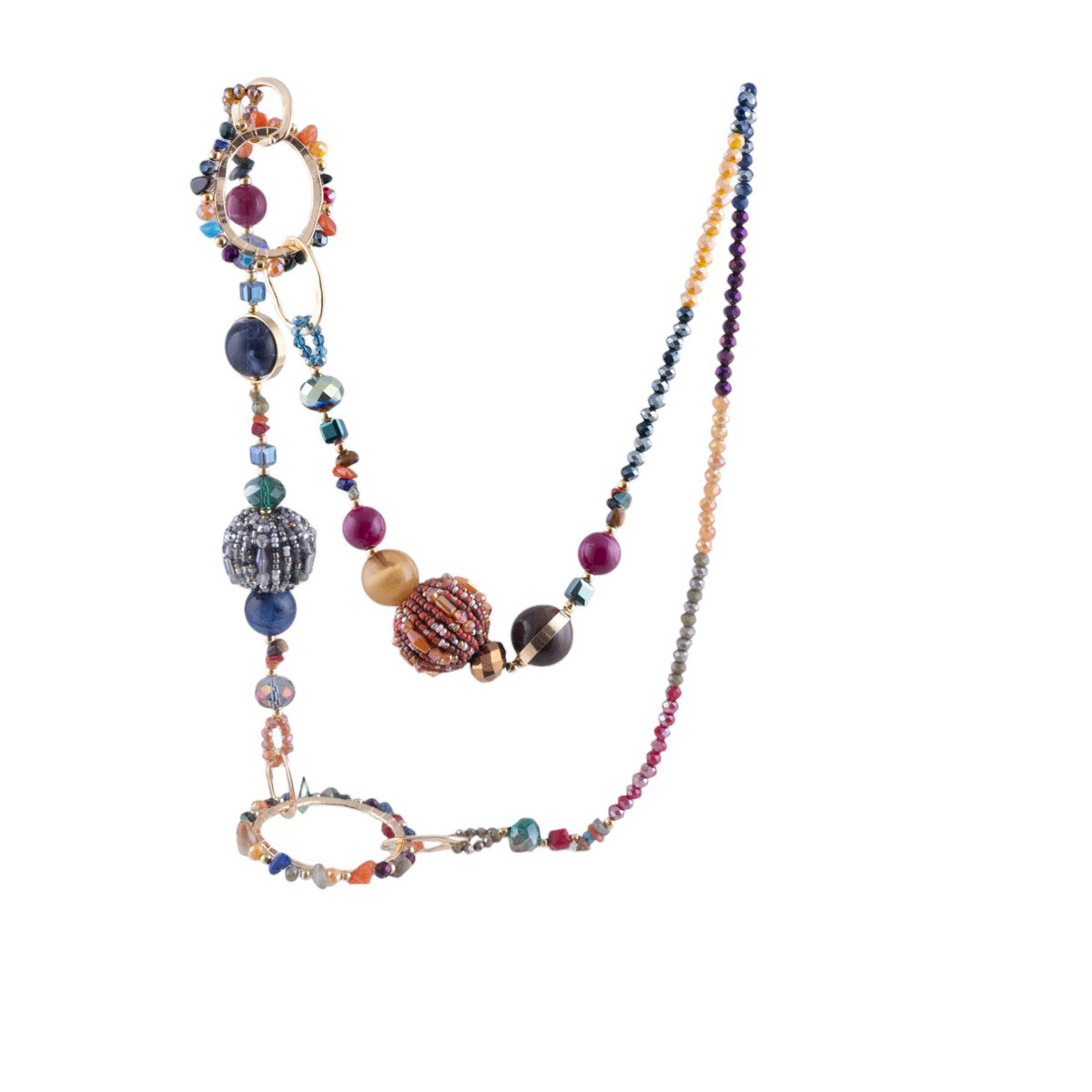 Collana lunga con cristalli multicolor e perle sfaccettate a lavorazione mista