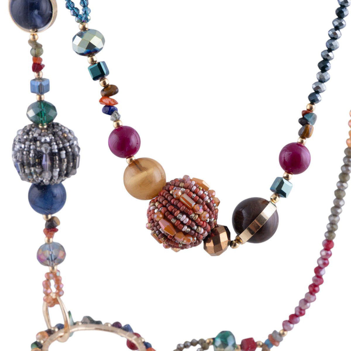 Collana lunga con cristalli multicolor e perle sfaccettate a lavorazione mista