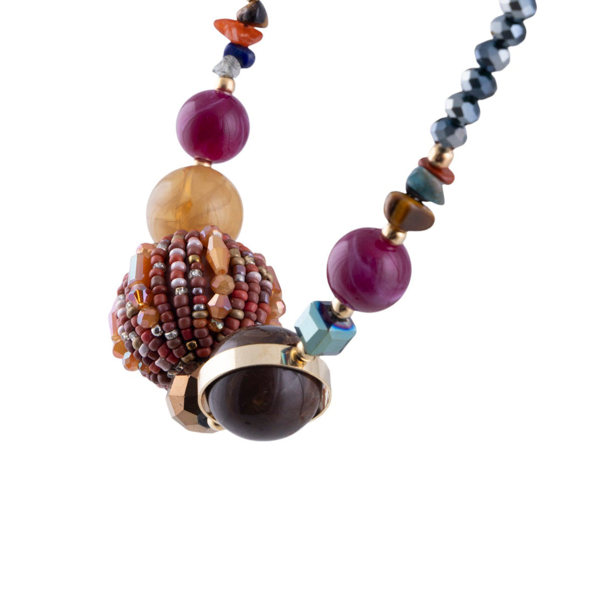 Collana lunga con cristalli multicolor e perle sfaccettate a lavorazione mista