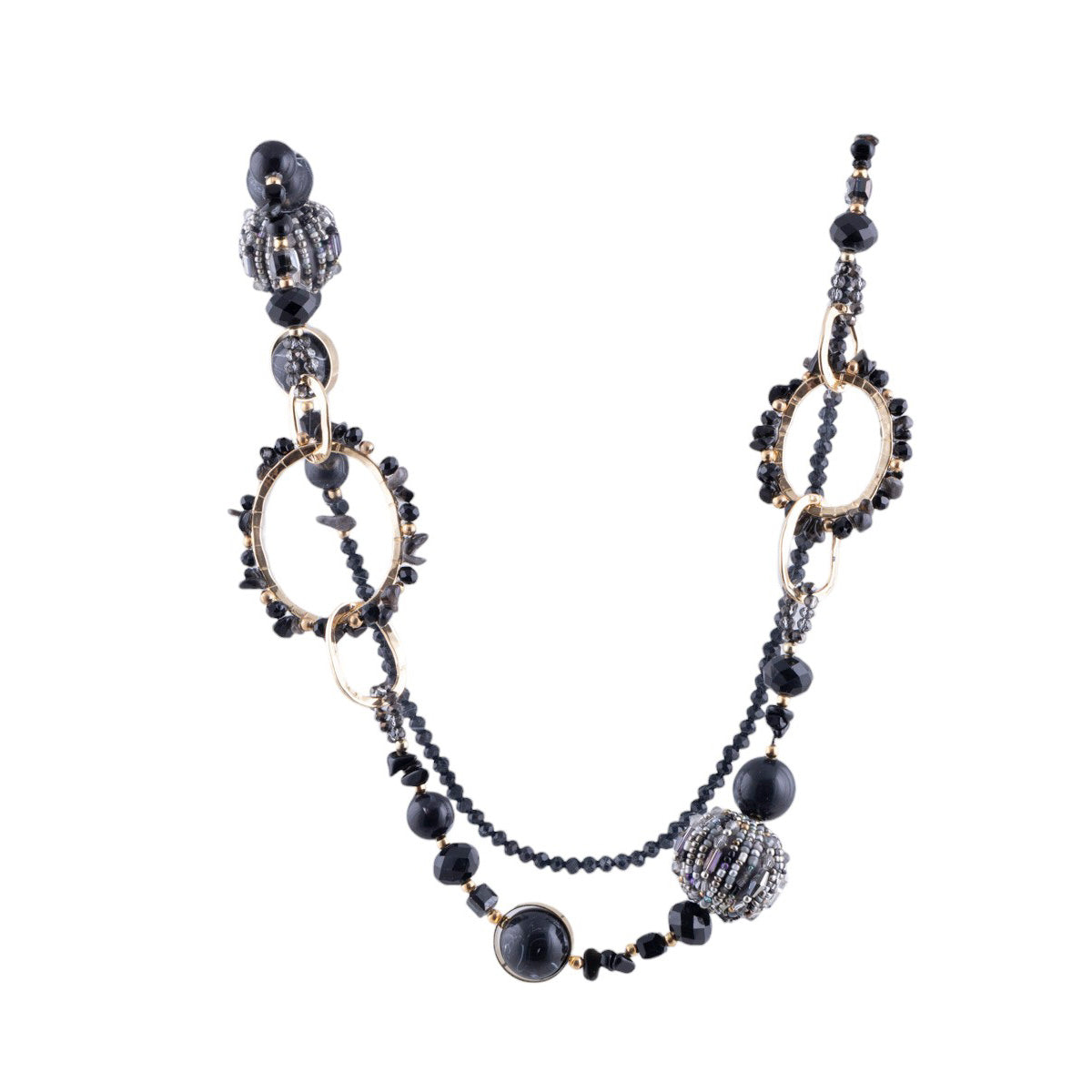 Collana lunga con cristalli multicolor e perle sfaccettate a lavorazione mista