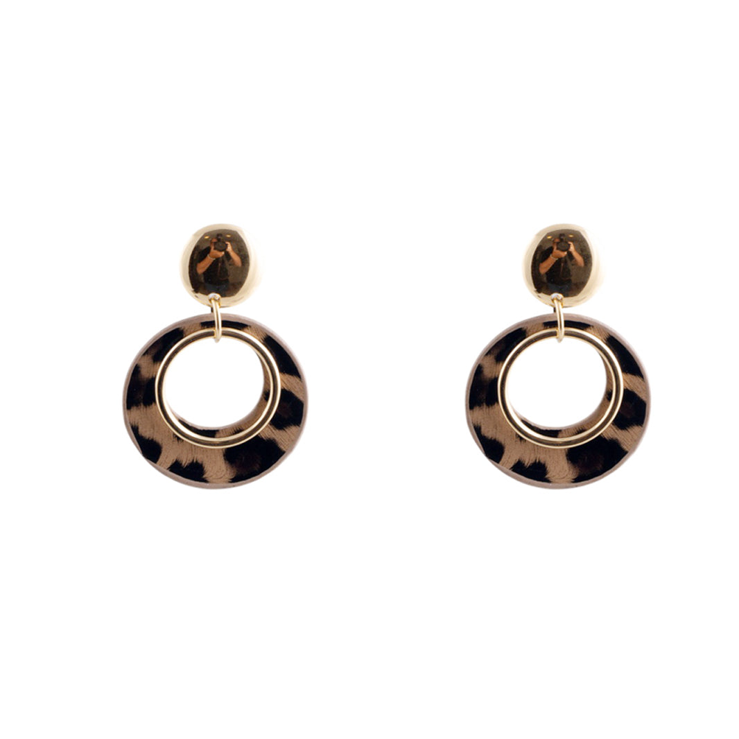 Orecchini pendenti doppi cerchi effetto animalier con finiture metalliche oro