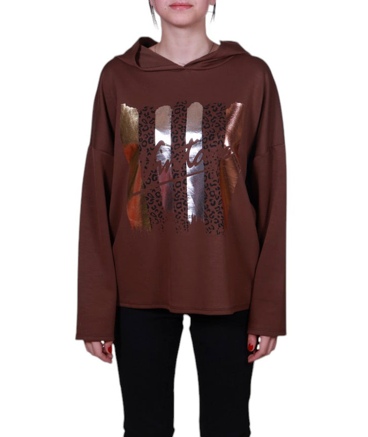 Maglia donna manica lunga con cappuccio stampa astratta Made in Italy