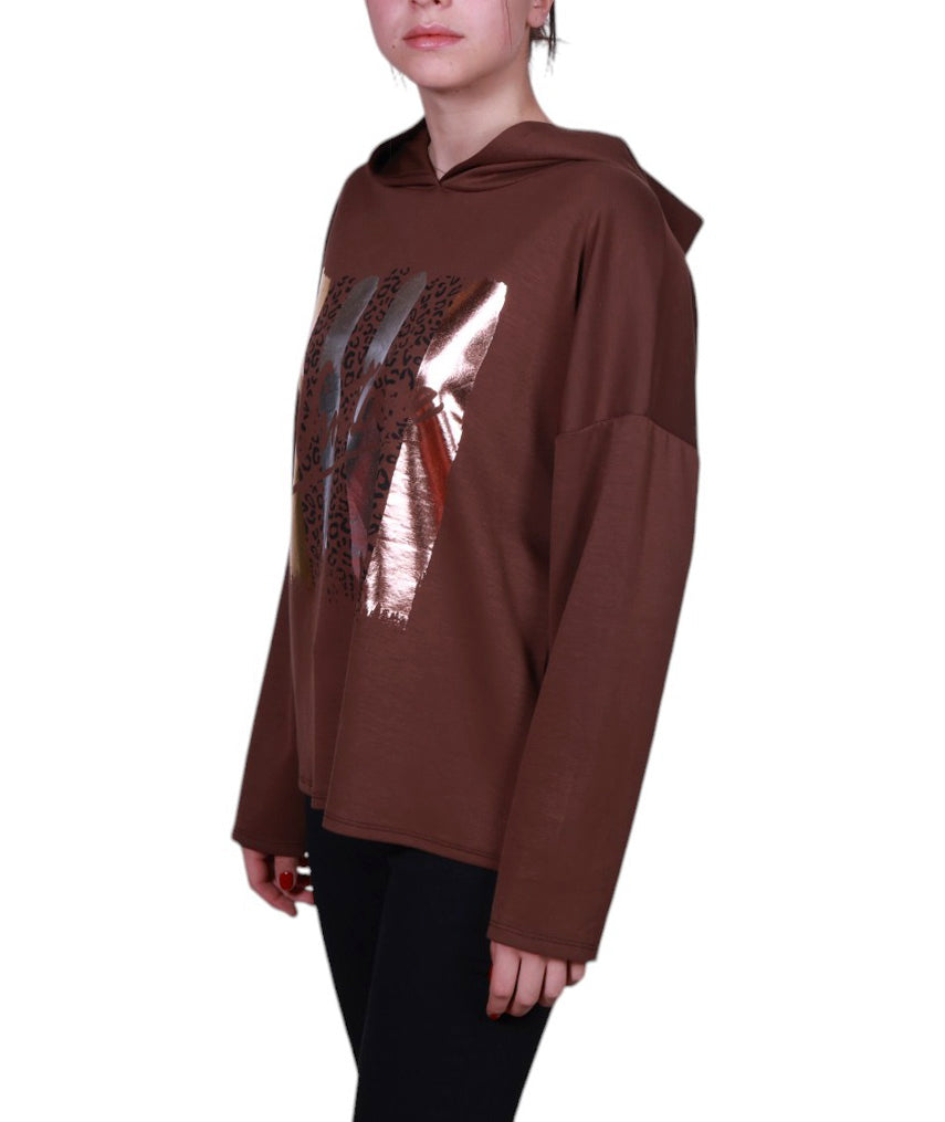 Maglia donna manica lunga con cappuccio stampa astratta Made in Italy