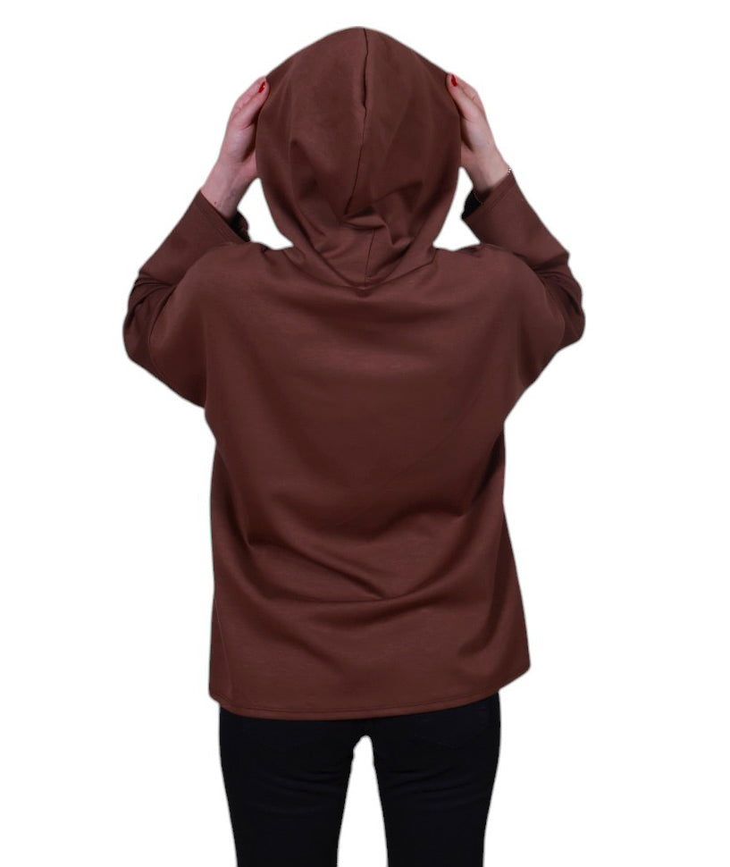 Maglia donna manica lunga con cappuccio stampa astratta Made in Italy