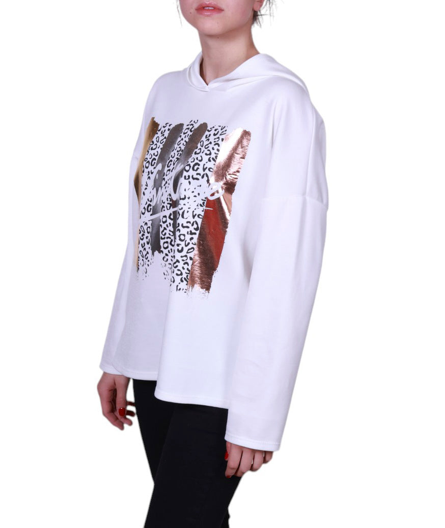 Maglia donna manica lunga con cappuccio stampa astratta Made in Italy
