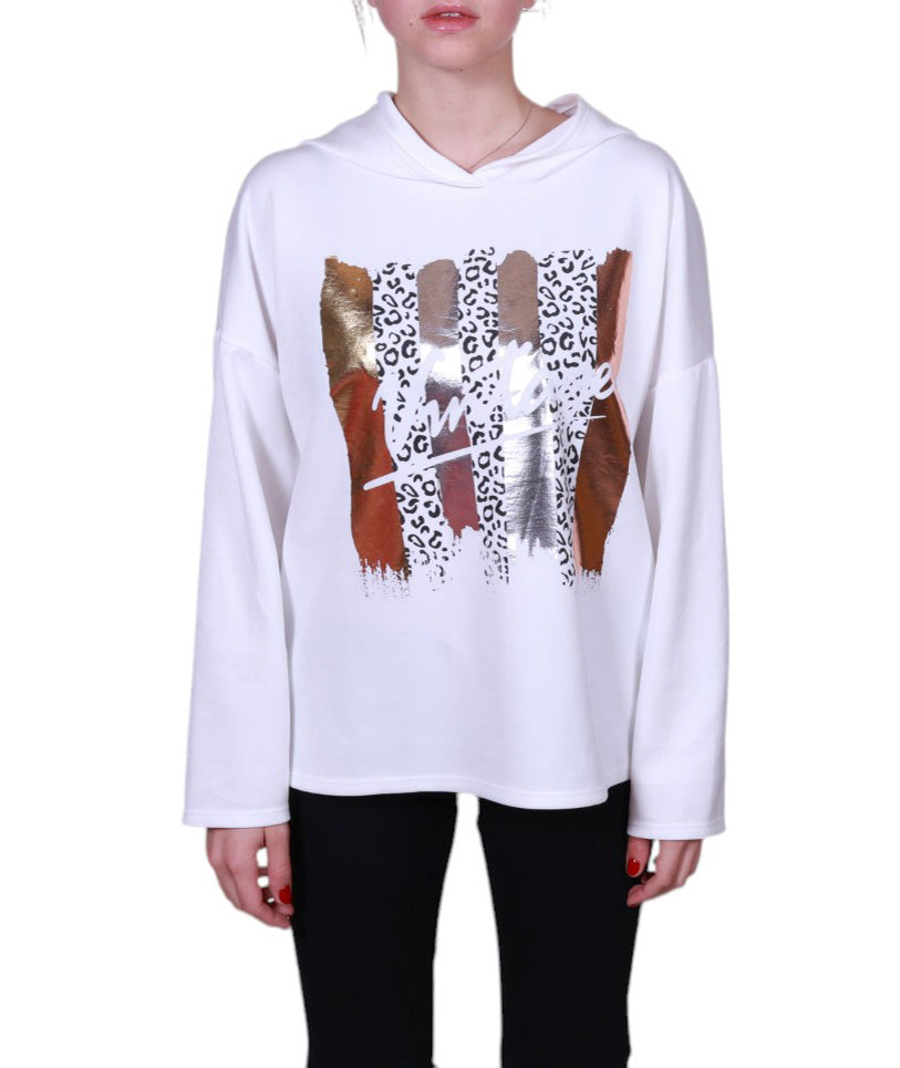 Maglia donna manica lunga con cappuccio stampa astratta Made in Italy