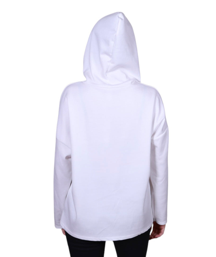 Maglia donna manica lunga con cappuccio stampa astratta Made in Italy