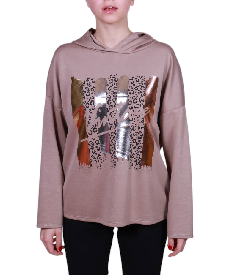 Maglia donna manica lunga con cappuccio stampa astratta Made in Italy