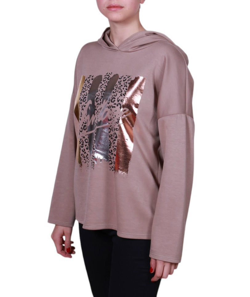 Maglia donna manica lunga con cappuccio stampa astratta Made in Italy
