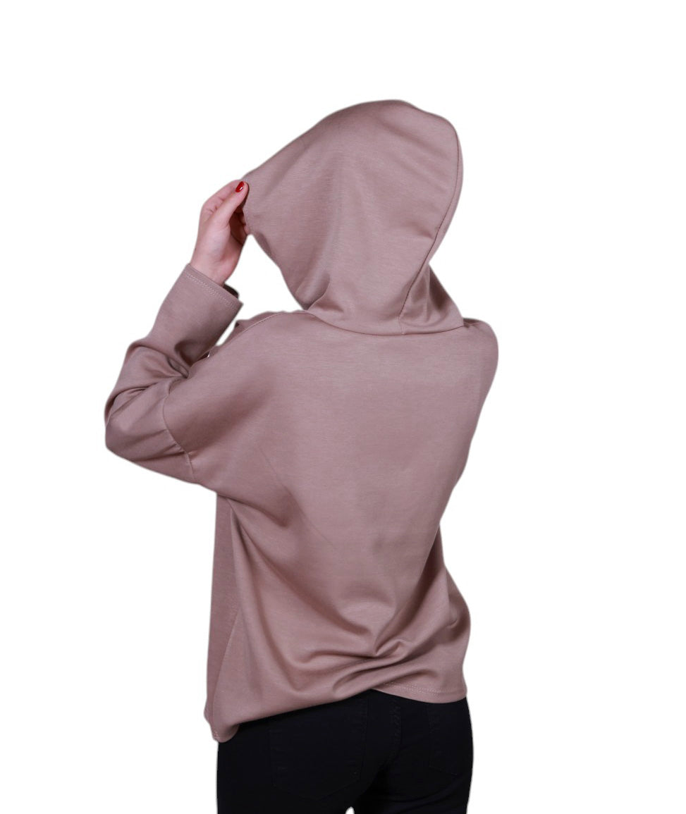Maglia donna manica lunga con cappuccio stampa astratta Made in Italy
