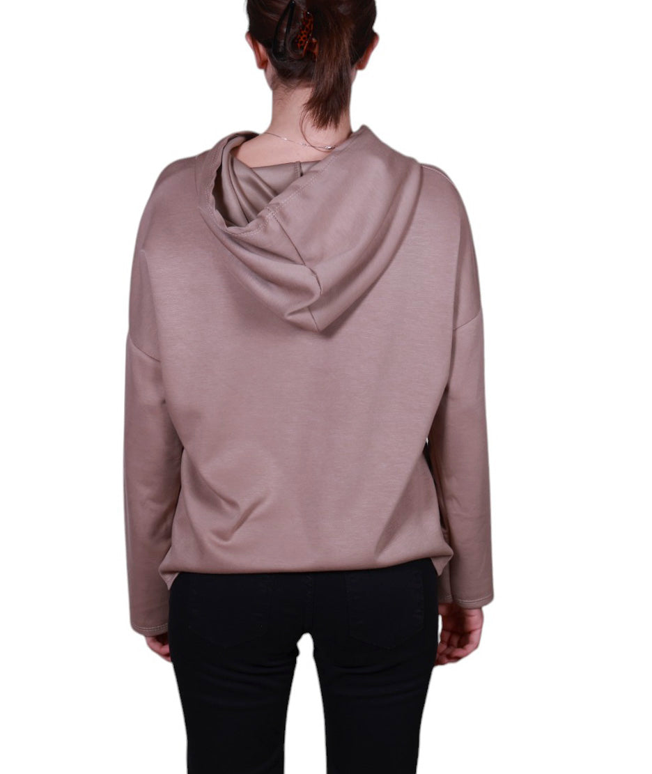 Maglia donna manica lunga con cappuccio stampa astratta Made in Italy