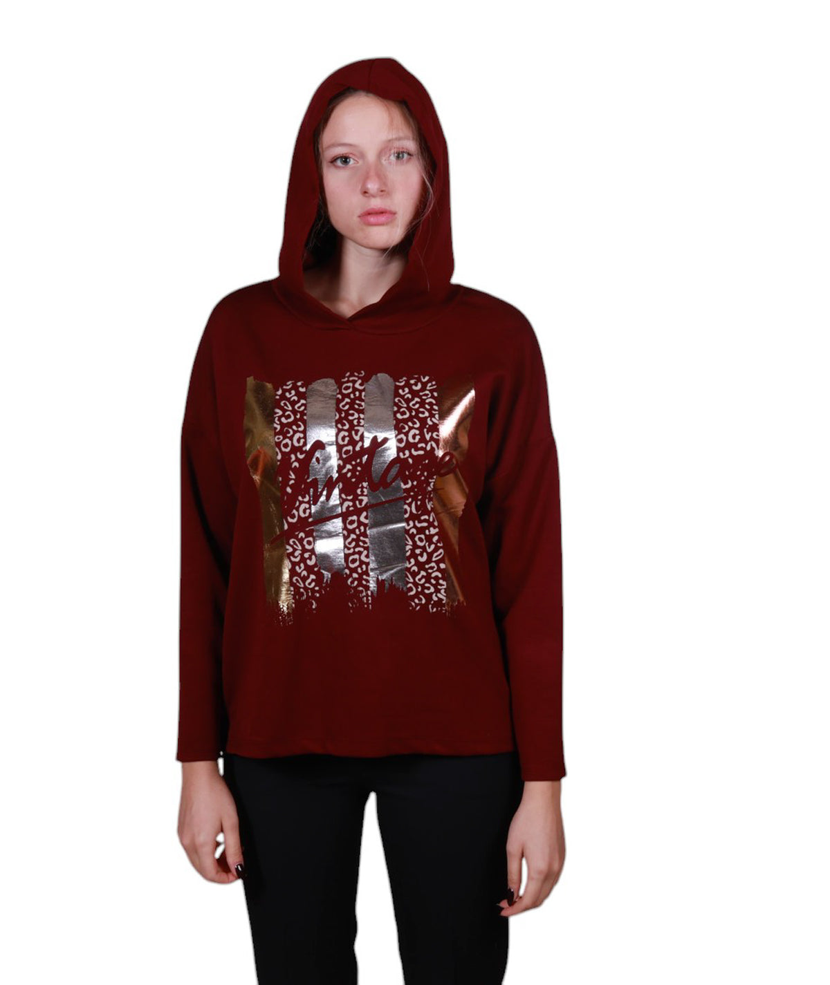 Maglia donna manica lunga con cappuccio stampa astratta Made in Italy