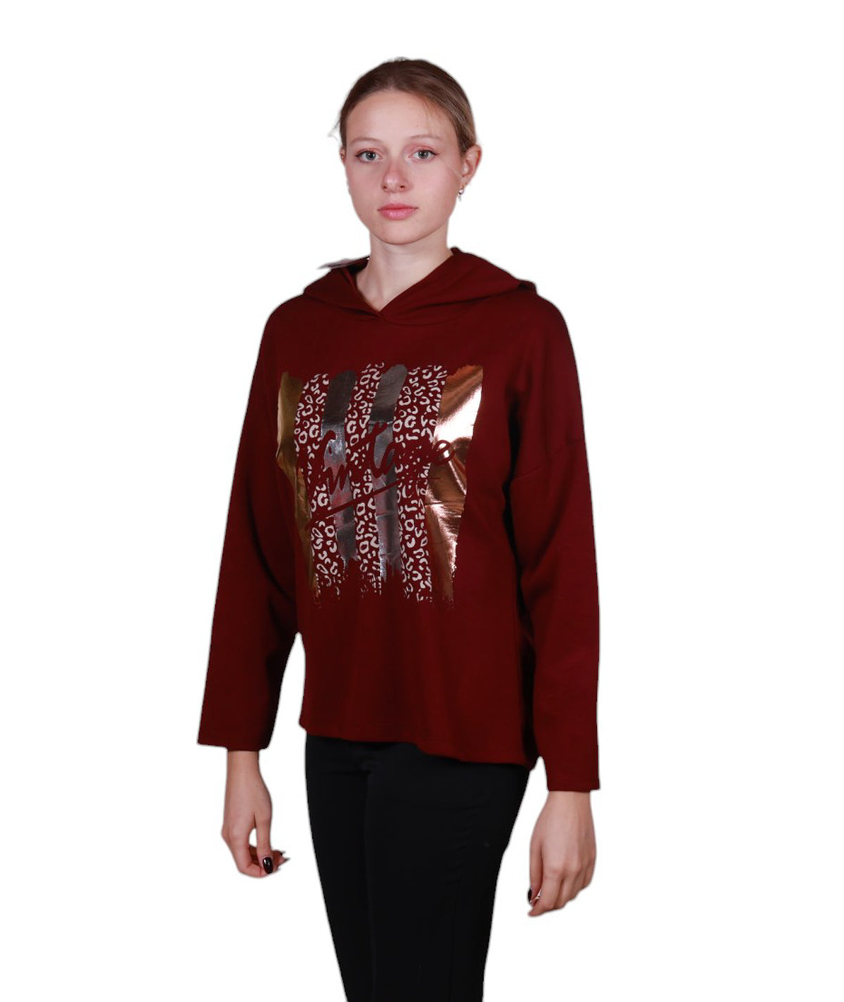 Maglia donna manica lunga con cappuccio stampa astratta Made in Italy