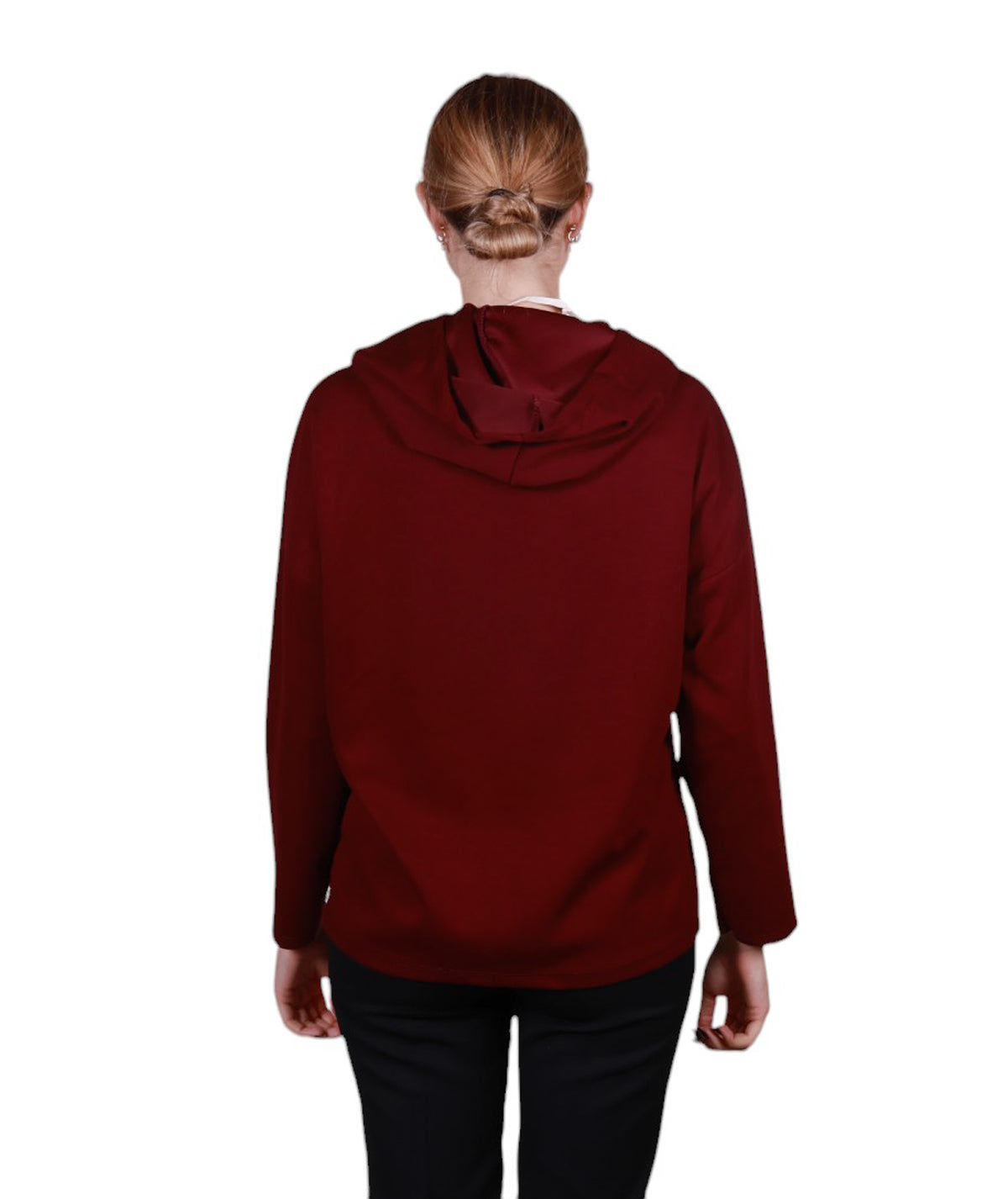 Maglia donna manica lunga con cappuccio stampa astratta Made in Italy