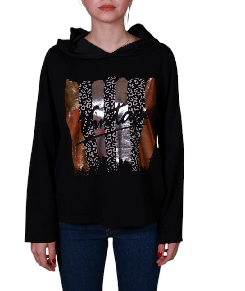Maglia donna manica lunga con cappuccio stampa astratta Made in Italy