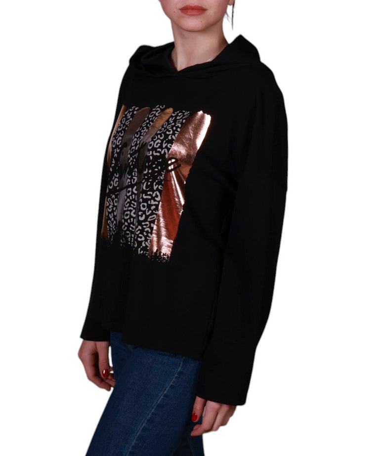 Maglia donna manica lunga con cappuccio stampa astratta Made in Italy