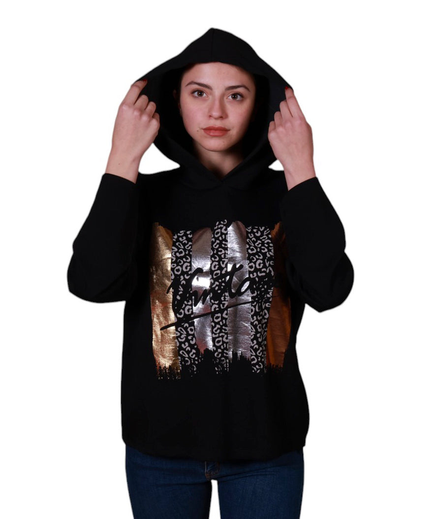 Maglia donna manica lunga con cappuccio stampa astratta Made in Italy